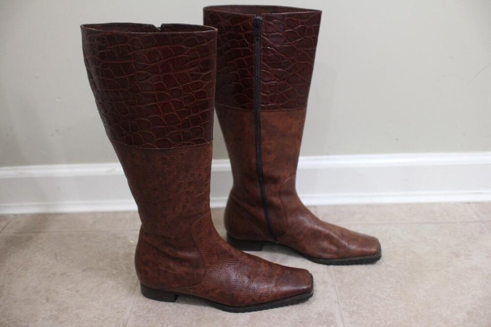 RODO Women's Brown Embossed Pebbled Leather Mid Calf Boots Size 38 (bota1400